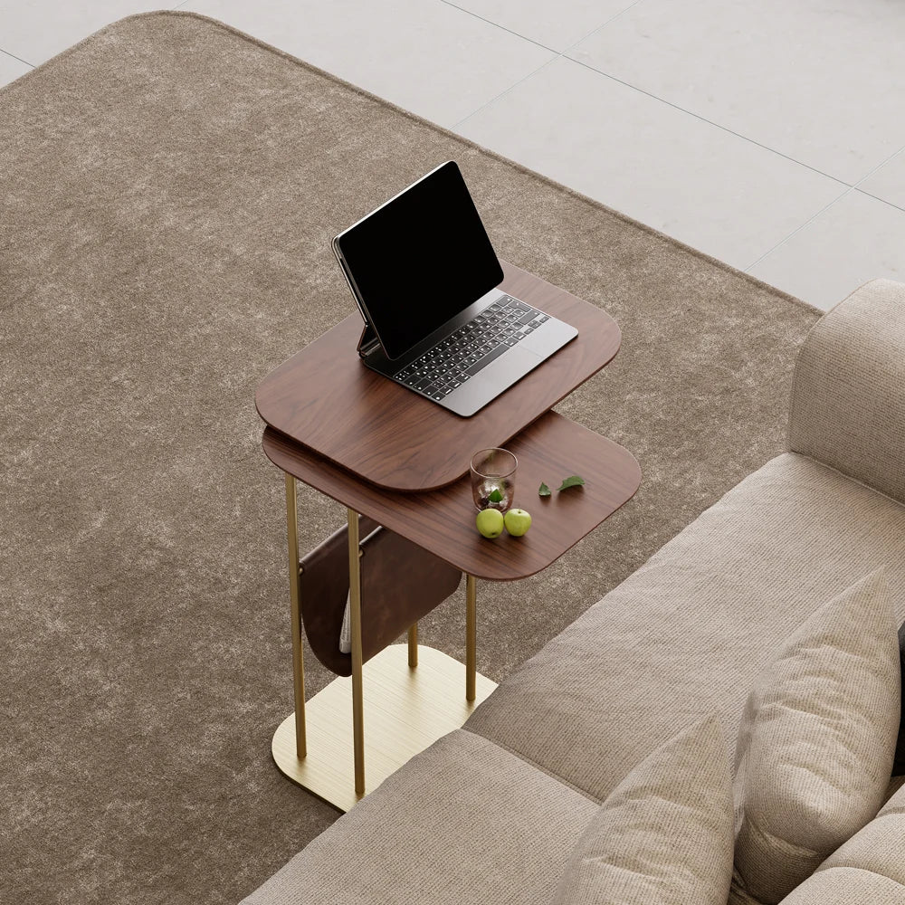 C-Shaped Walnut Rotating Side Table
