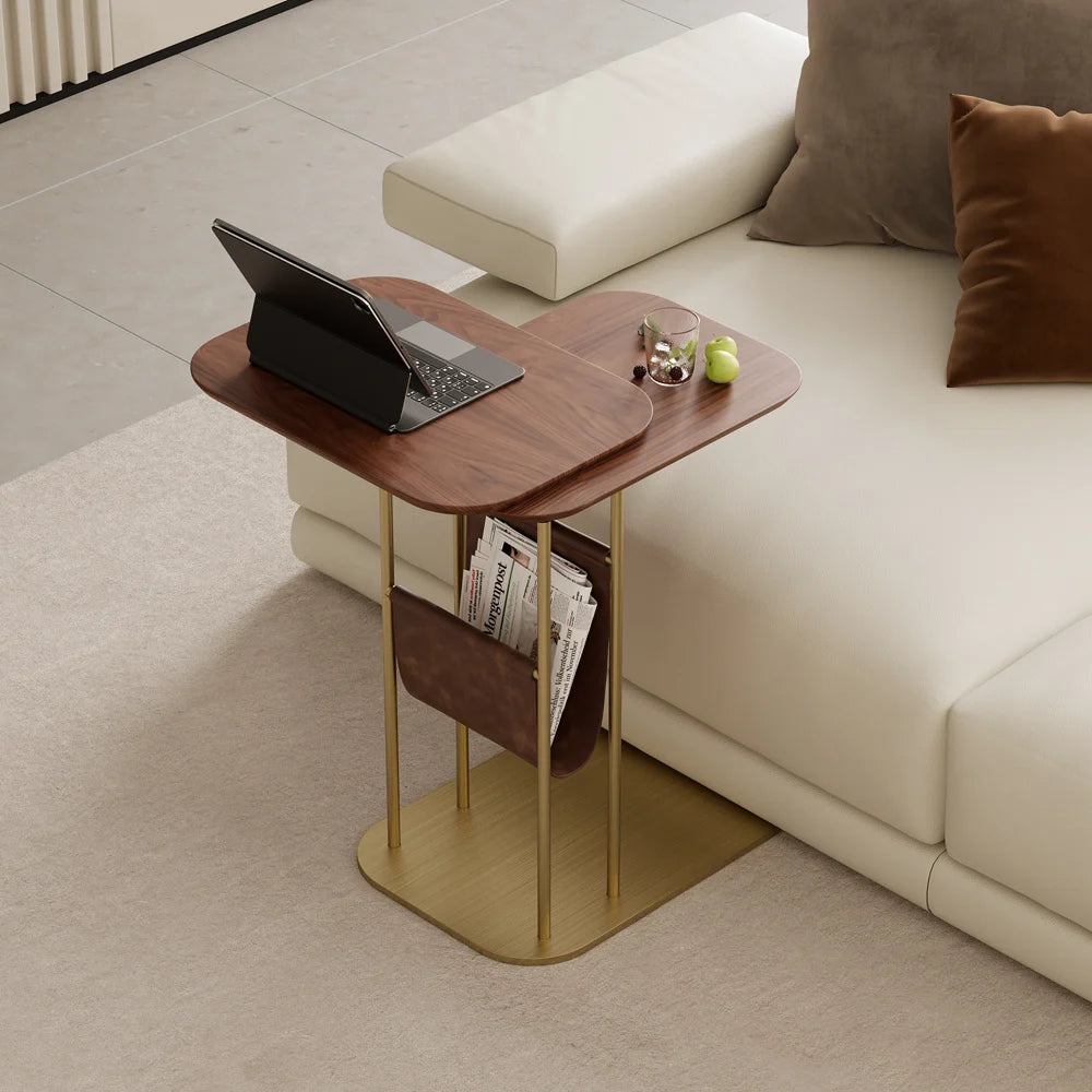 C-Shaped Walnut Rotating Side Table