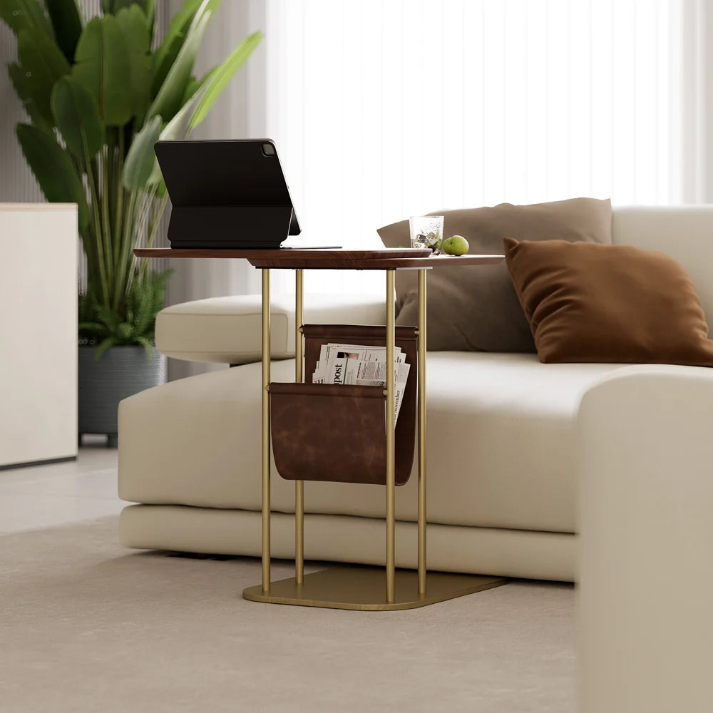 C-Shaped Walnut Rotating Side Table