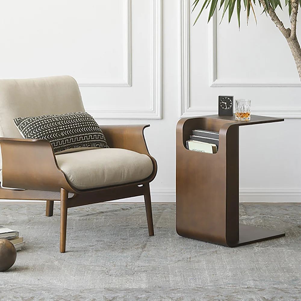 C-Shaped Walnut Wood Side Table