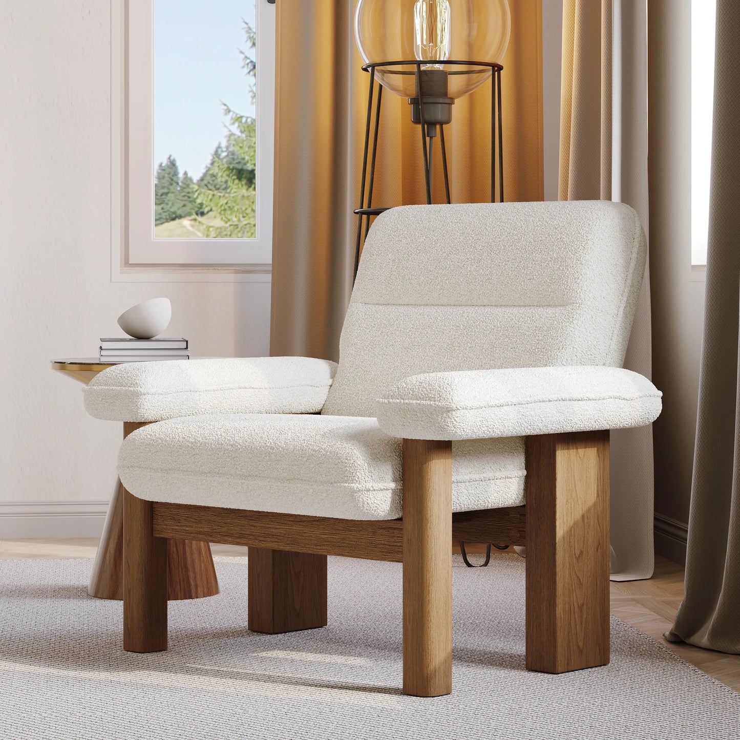 Solid Wood Boucle Accent Chair