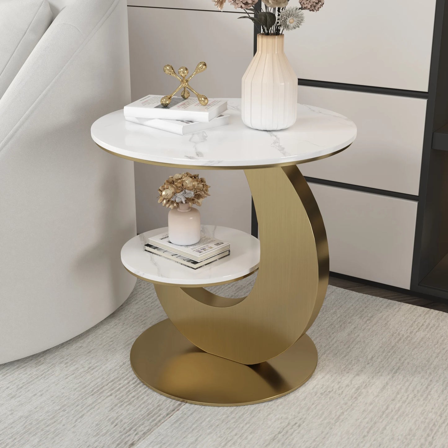 Round Sintered Stone Moon-Shaped Side Table