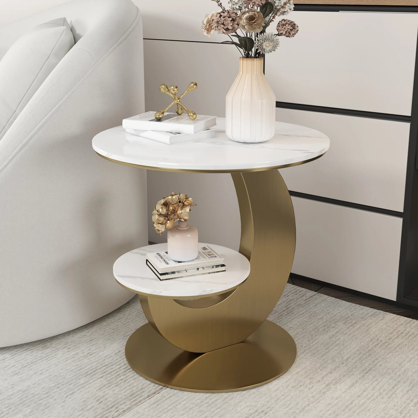 Round Sintered Stone Moon-Shaped Side Table
