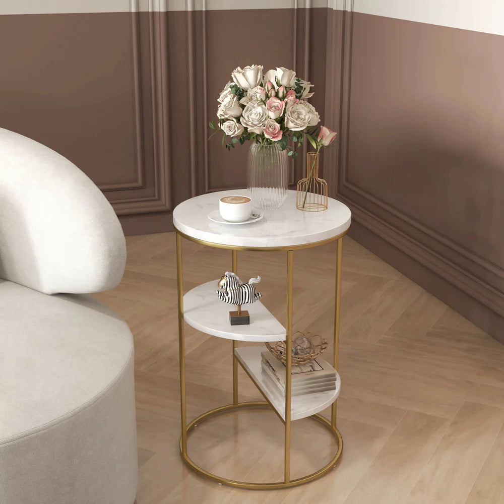 3-Tiered White & Gold End Side Table
