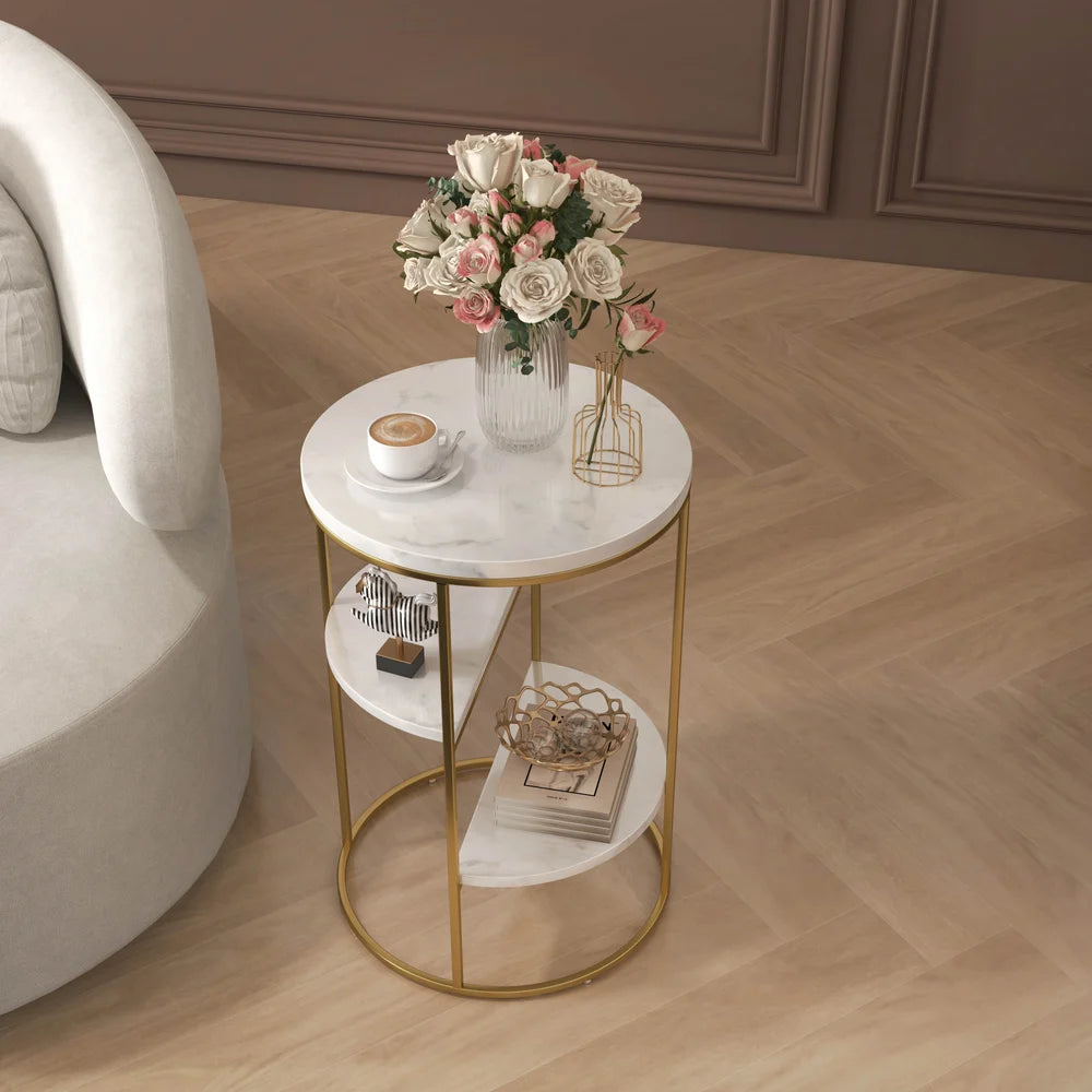 3-Tiered White & Gold End Side Table