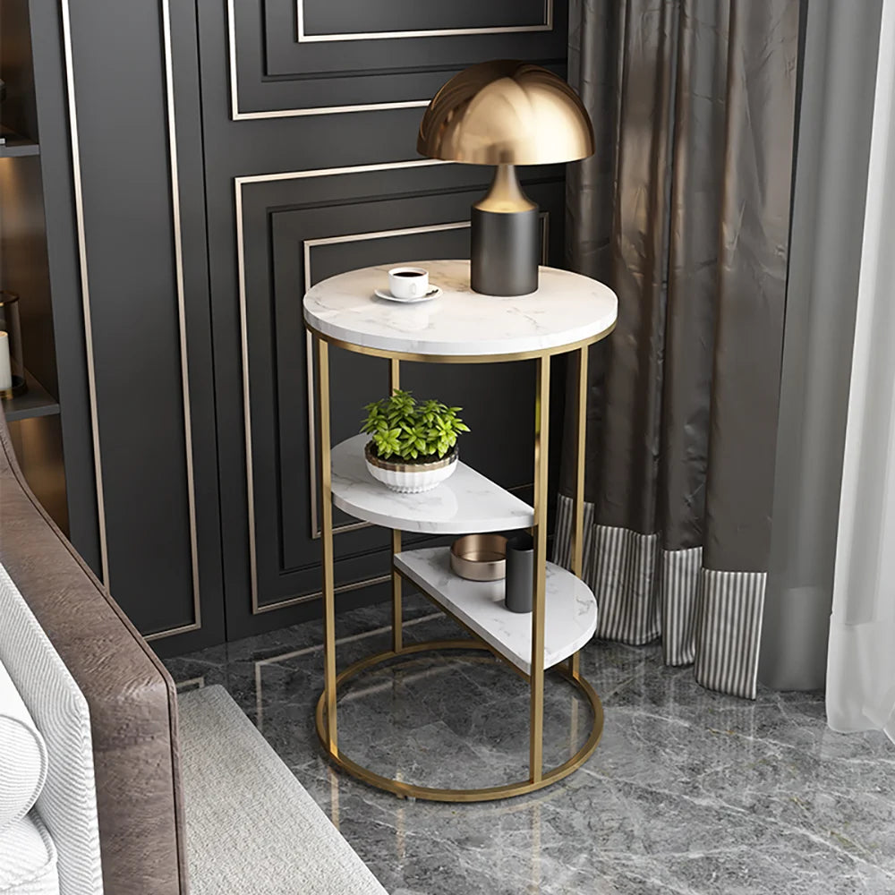 3-Tiered White & Gold End Side Table