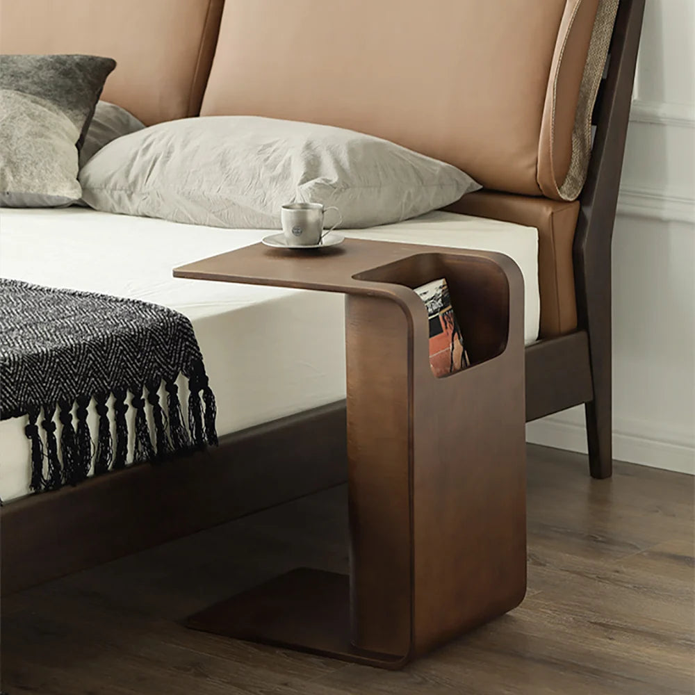 C-Shaped Walnut Wood Side Table