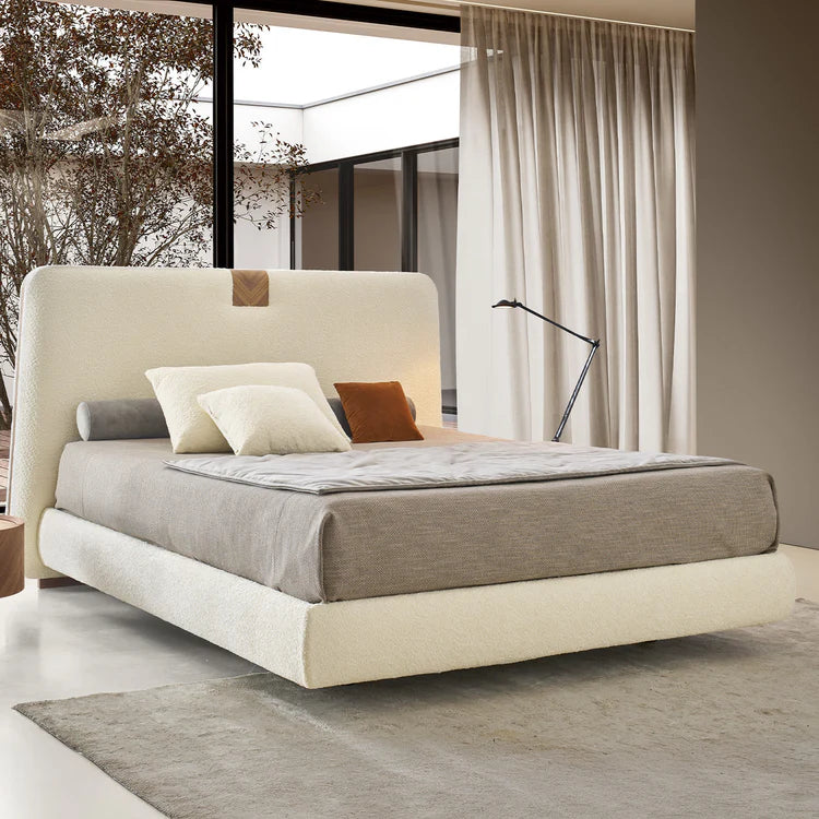 Onigiri Milk Bouclé Bed with Walnut Accents
