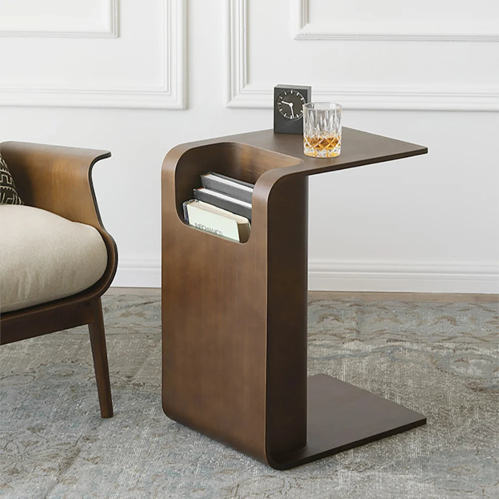 C-Shaped Walnut Wood Side Table