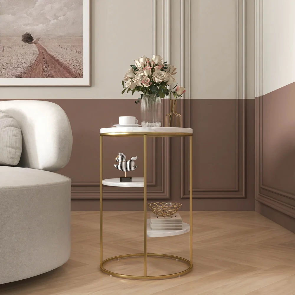 3-Tiered White & Gold End Side Table