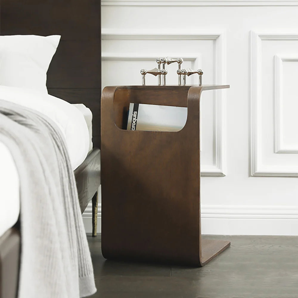 C-Shaped Walnut Wood Side Table