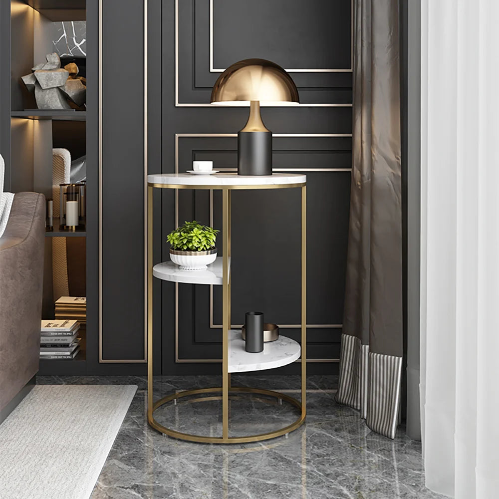 3-Tiered White & Gold End Side Table