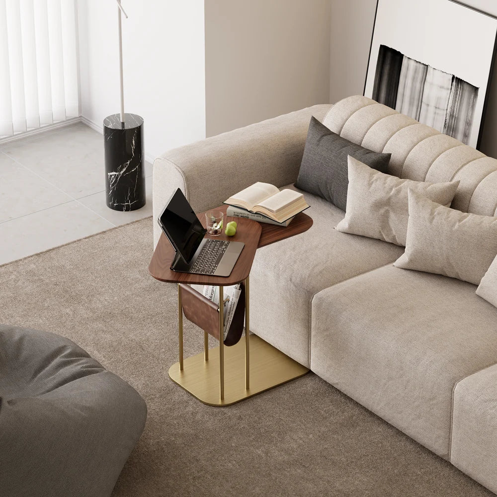 C-Shaped Walnut Rotating Side Table