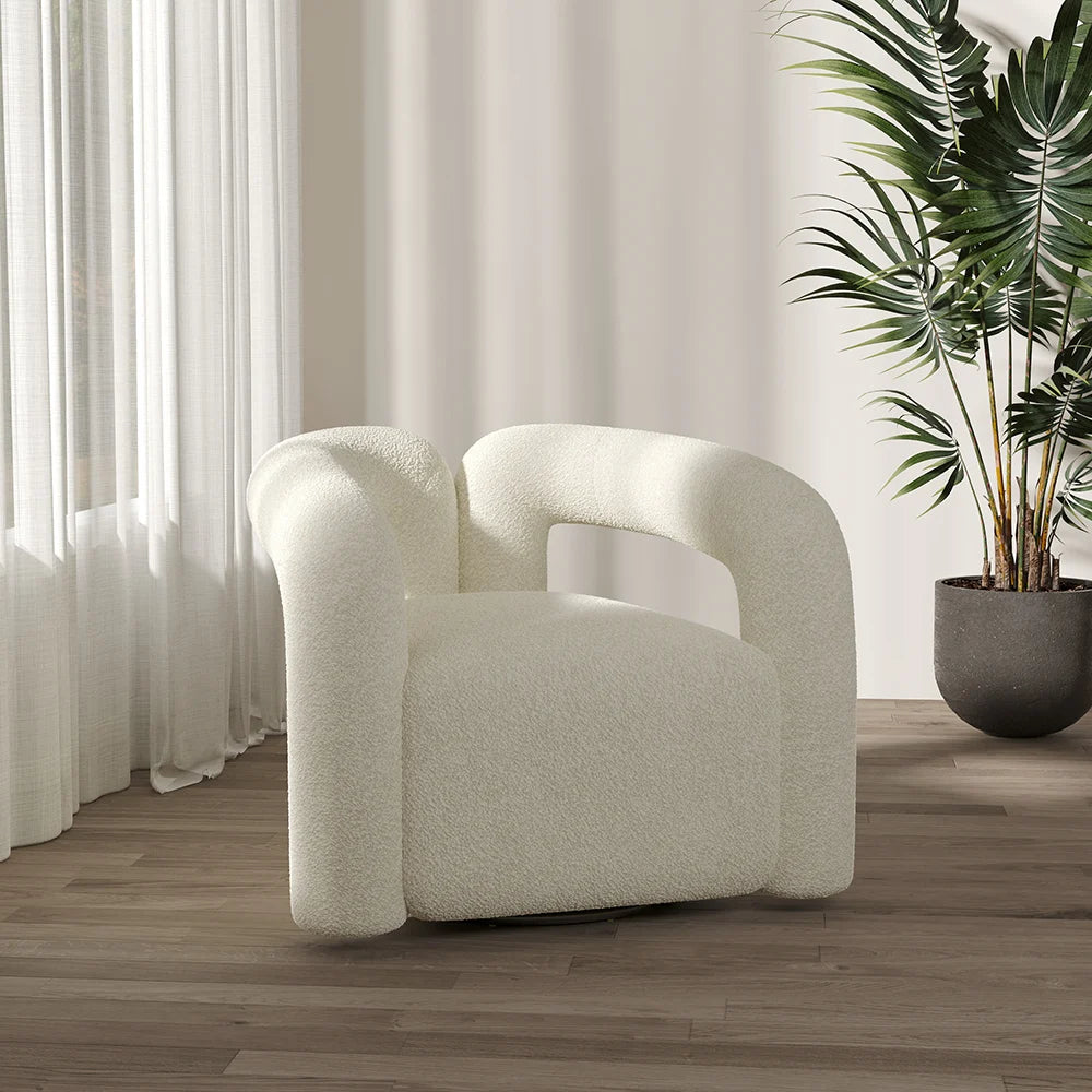 Questions and Answers for Japandi White Boucle Accent Chair with Swivel Base Shaggy Armchair for Living Room