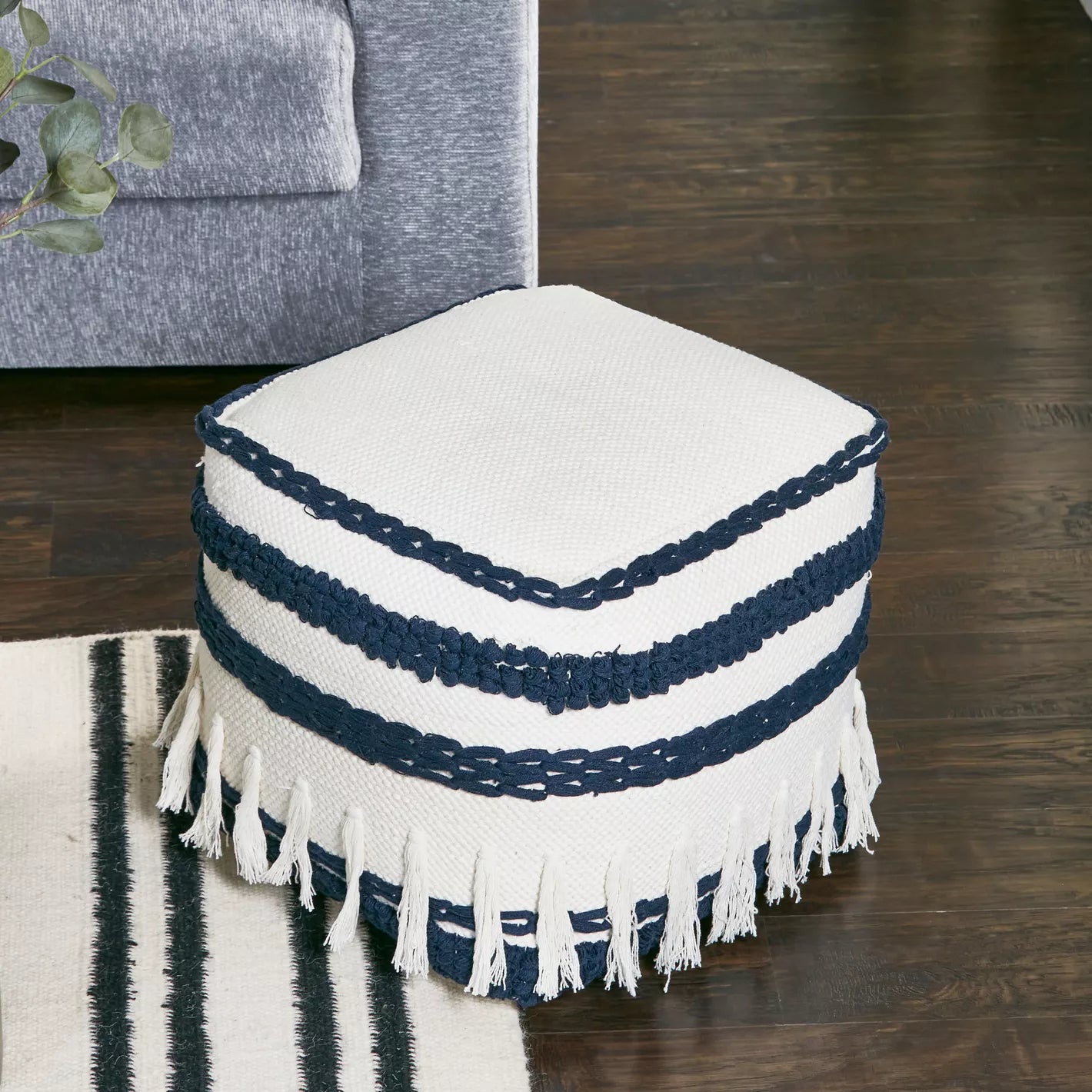 Harlow Cable Stripe Pouffe with Tassels - 40x40 cm