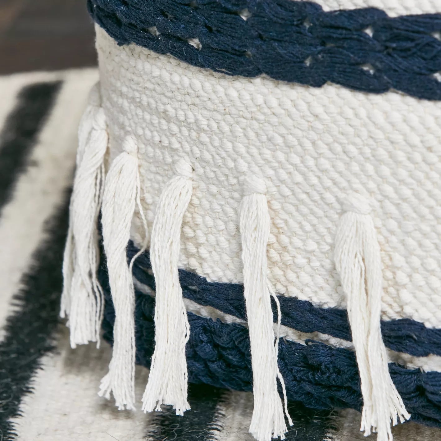 Harlow Cable Stripe Pouffe with Tassels - 40x40 cm