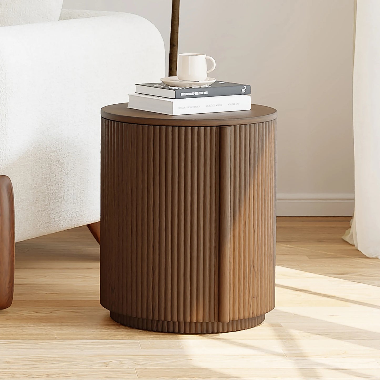 Round Walnut Fluted Side Table