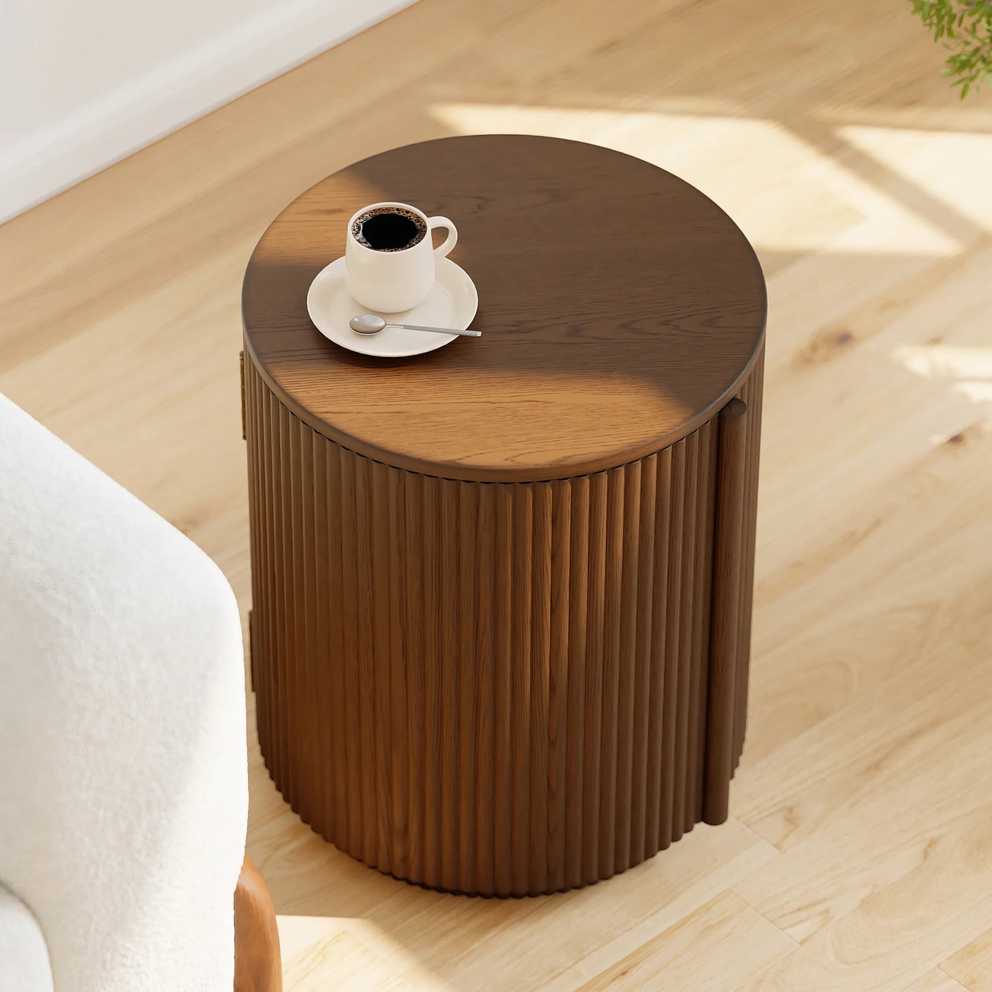 Round Walnut Fluted Side Table