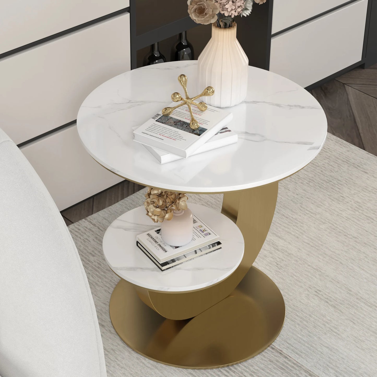 Round Sintered Stone Moon-Shaped Side Table