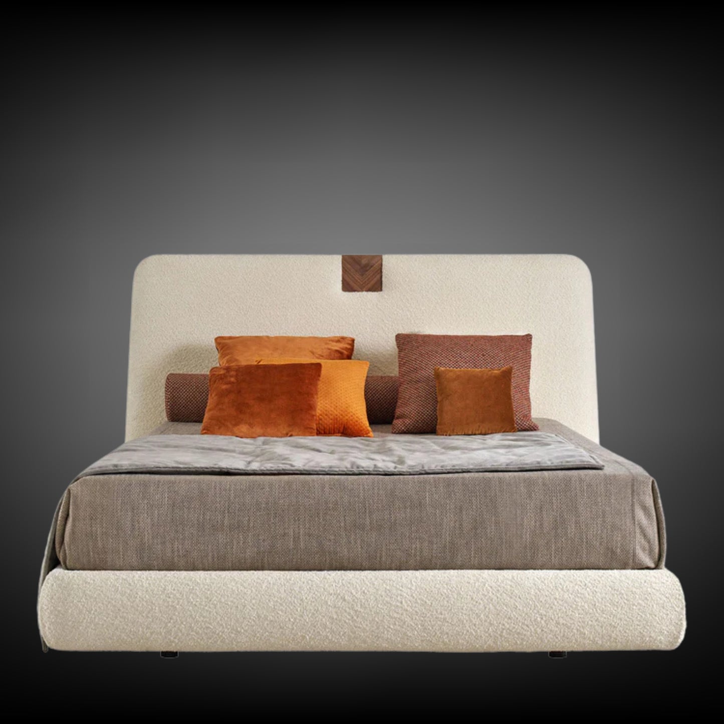 Onigiri Milk Bouclé Bed with Walnut Accents