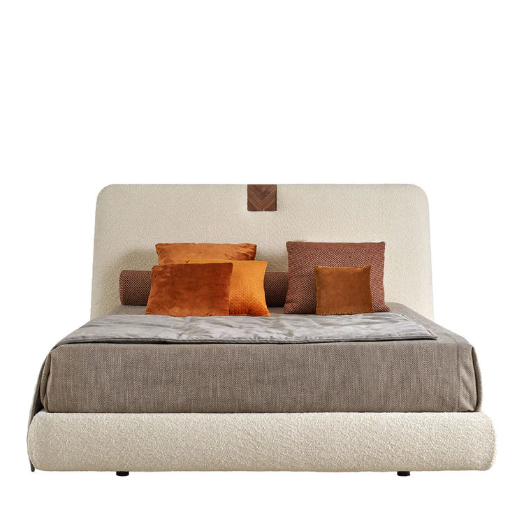 Onigiri Milk Bouclé Bed with Walnut Accents