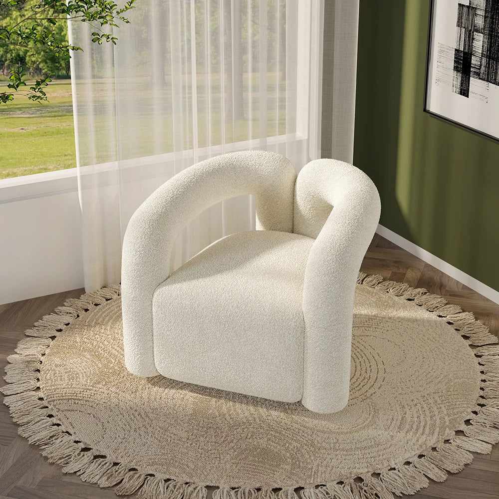 Questions and Answers for Japandi White Boucle Accent Chair with Swivel Base Shaggy Armchair for Living Room