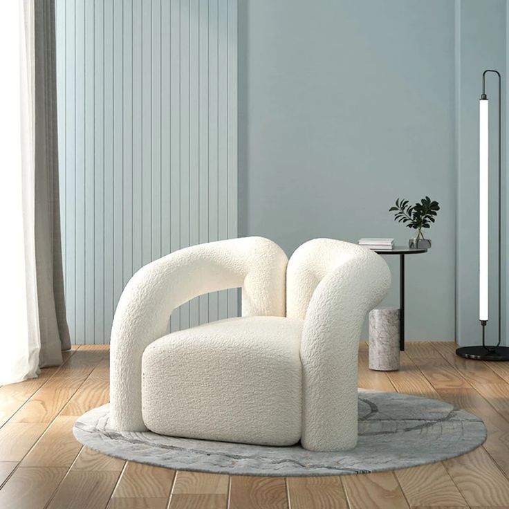 Questions and Answers for Japandi White Boucle Accent Chair with Swivel Base Shaggy Armchair for Living Room