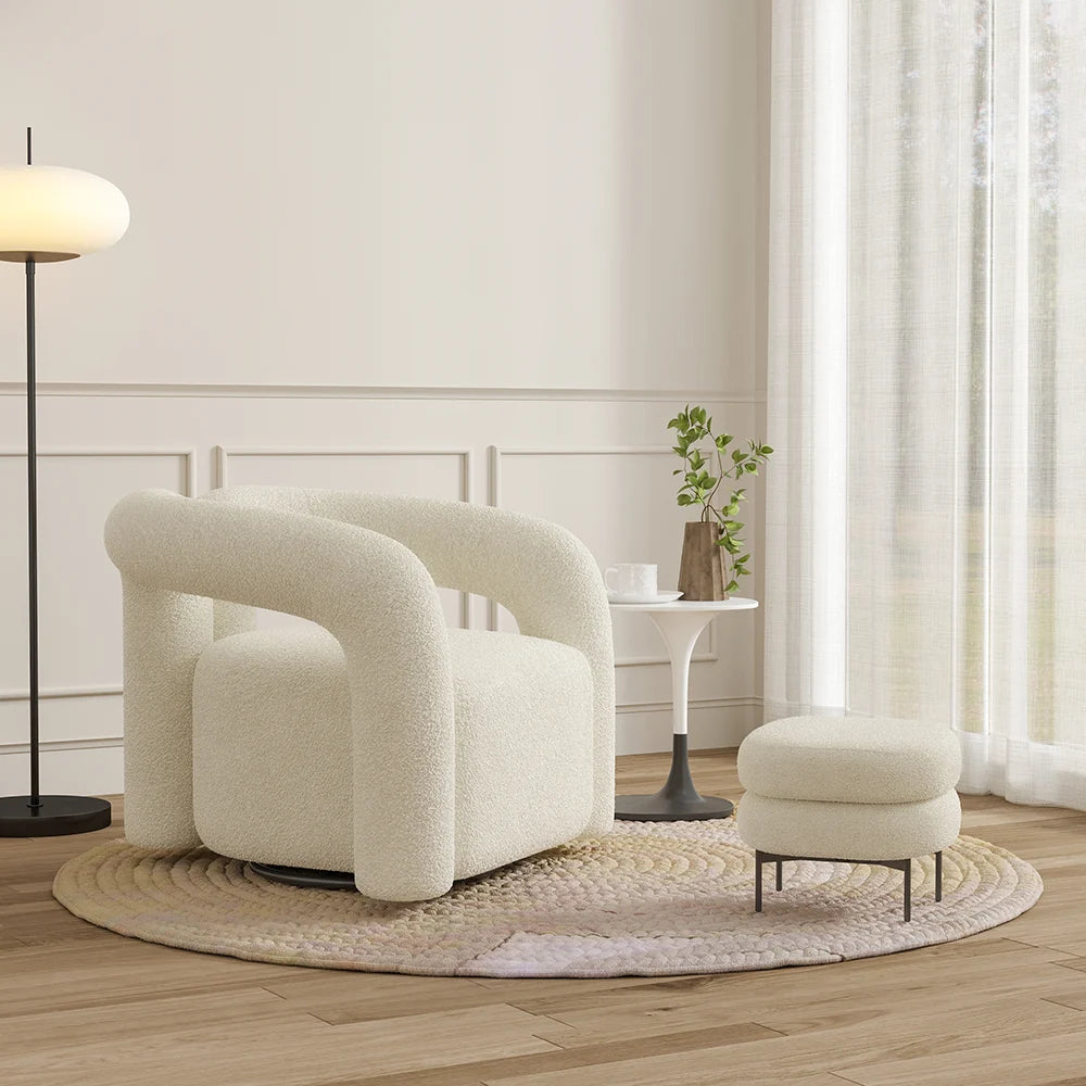 Questions and Answers for Japandi White Boucle Accent Chair with Swivel Base Shaggy Armchair for Living Room