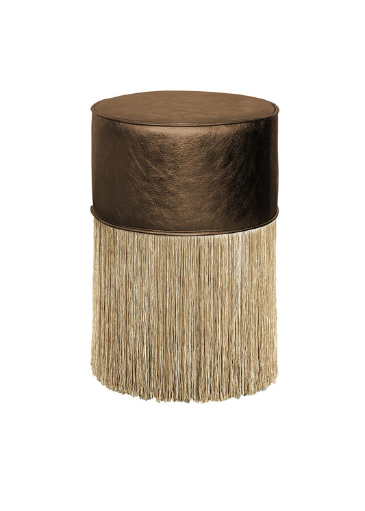 Gleaming Brown Leather Gold Fringes Pouf by Lorenza Bozzoli