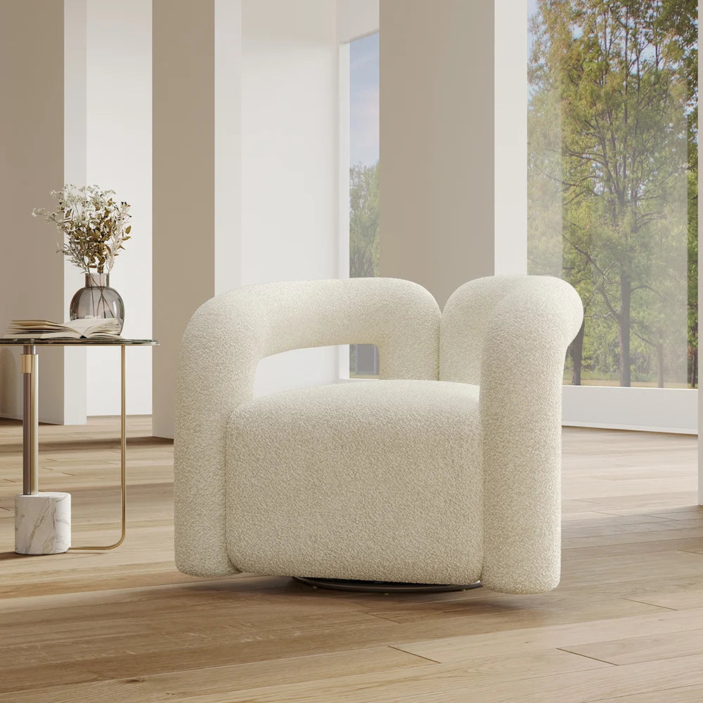 Questions and Answers for Japandi White Boucle Accent Chair with Swivel Base Shaggy Armchair for Living Room