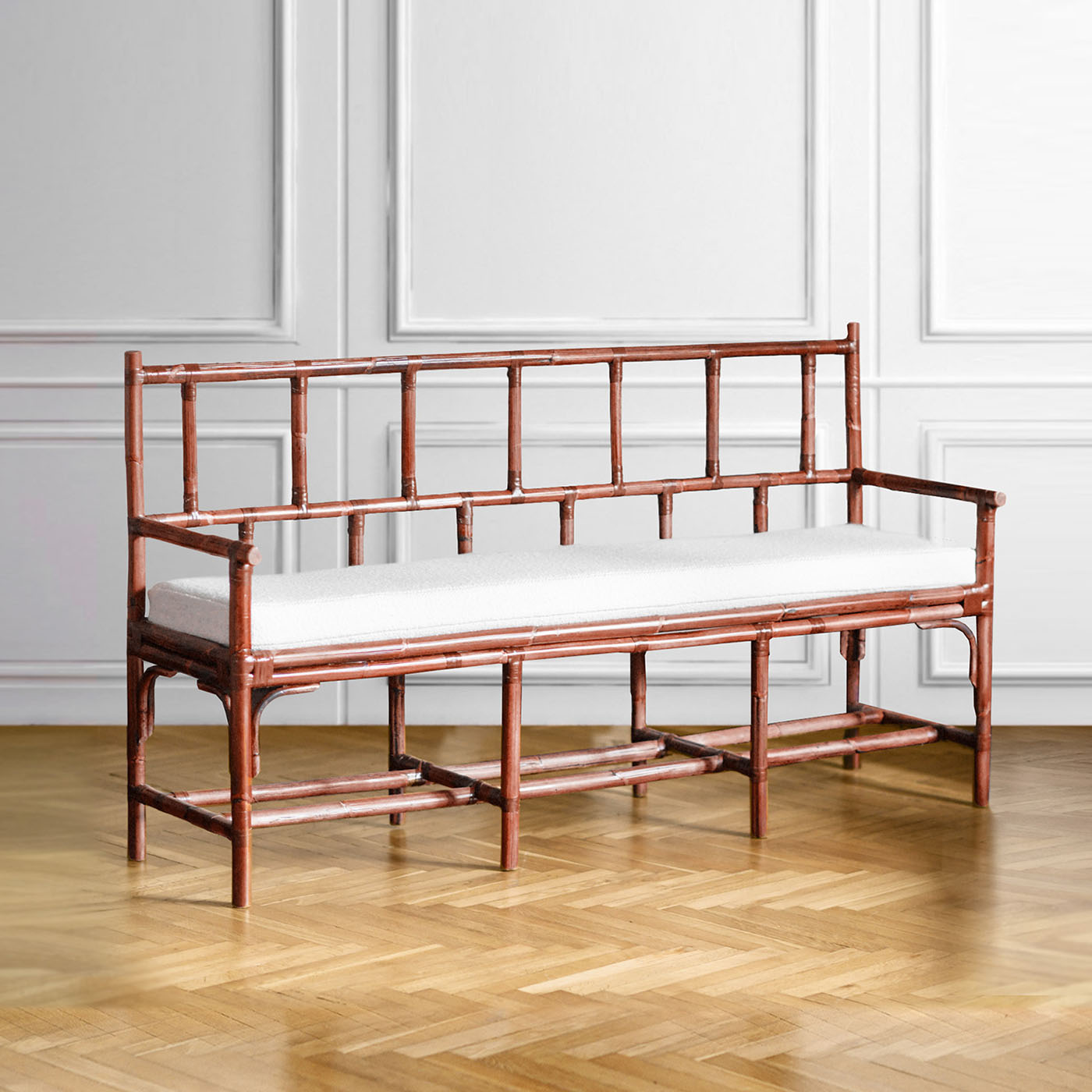 2-Seater White Dedar Fabric & Bamboo Bench