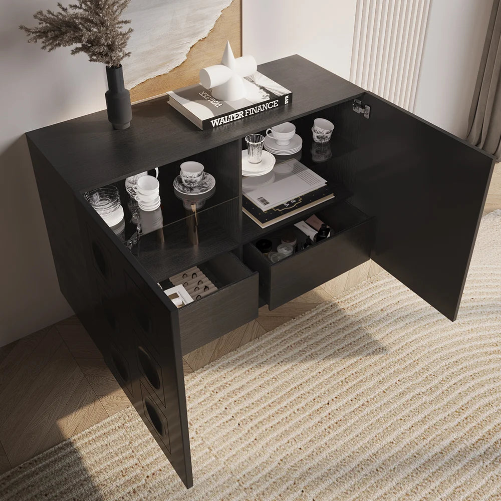 Black Sideboard Buffet with Modern Circle Pattern