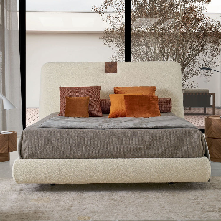Onigiri Milk Bouclé Bed with Walnut Accents