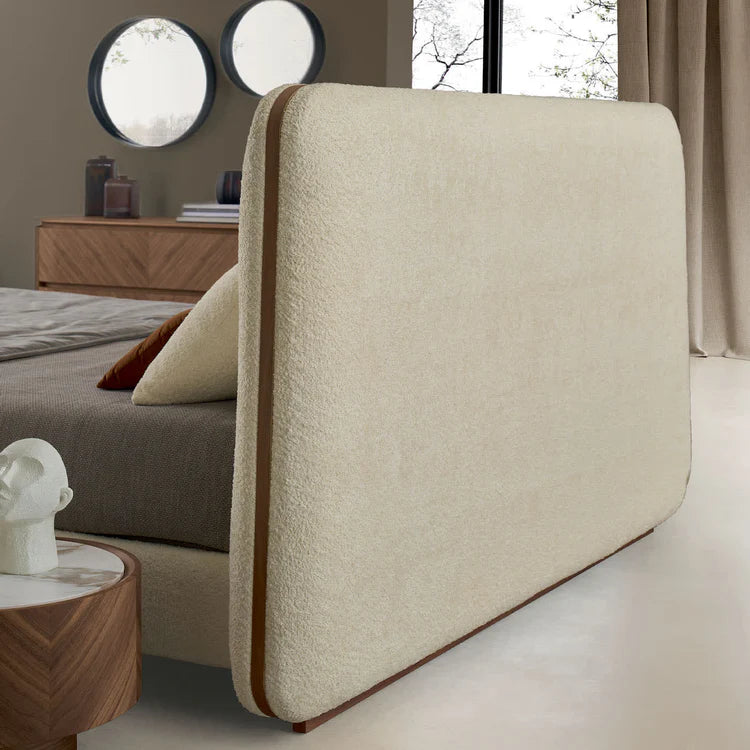 Onigiri Milk Bouclé Bed with Walnut Accents