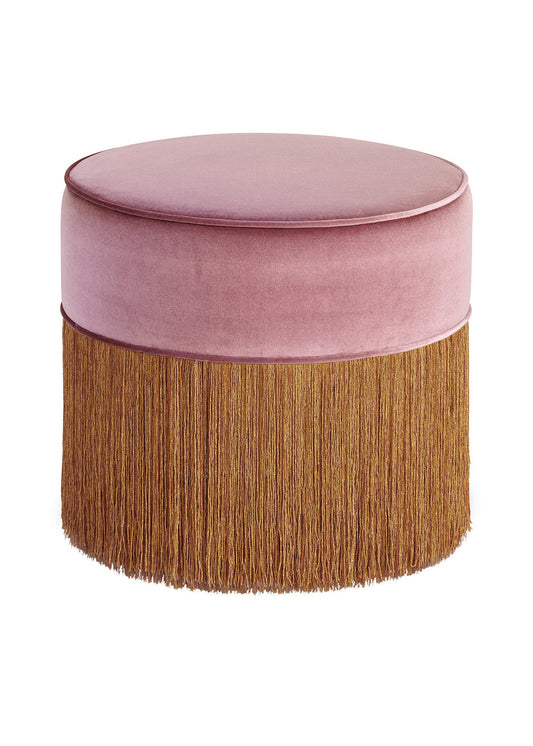 Pink Cylinder Beechwood Pouf with Copper Fringe